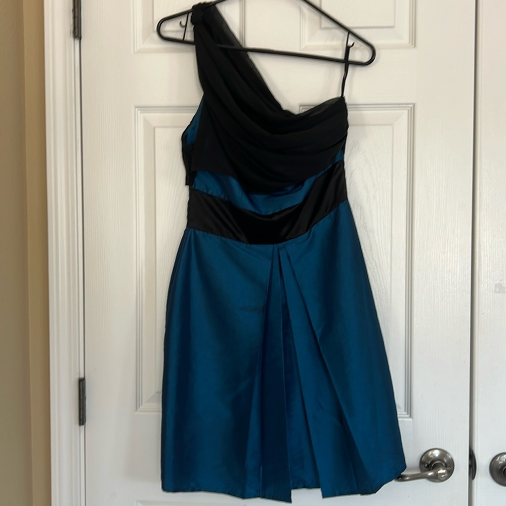 Vintage One Shoulder Draped Midnight Blue & Black Sleeveless Mini Dress Small